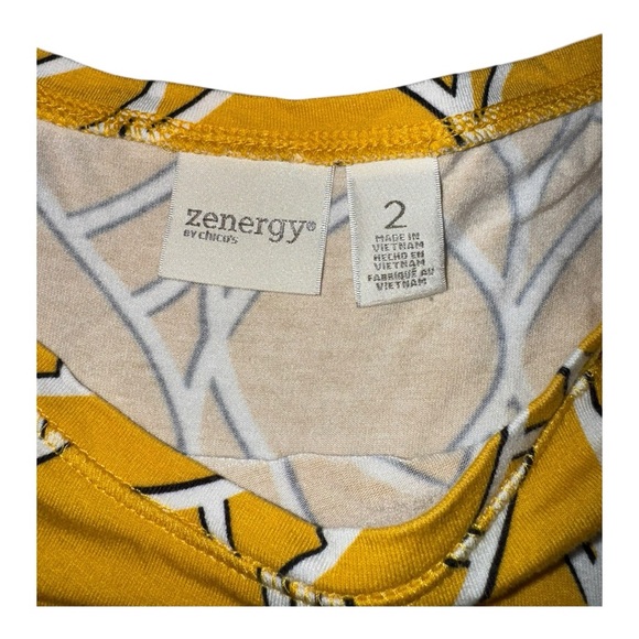 Zenergy by Chico’s Asymmetrical Yellow Patterned Long Sleeve Top Size 2 Large - Picture 4 of 10